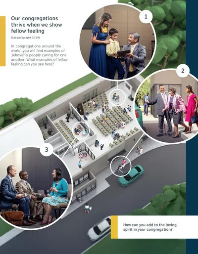 An elder talks to a boy and his mother; a father and his daughter help an older sister to a car; two elders listen to a sister