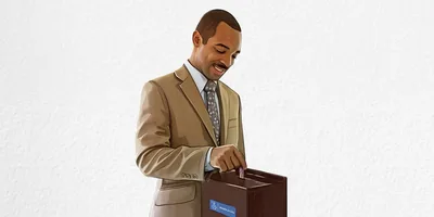 A brother putting a donation into a contribution box.