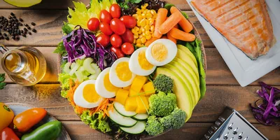 A variety of healthful foods on a table.