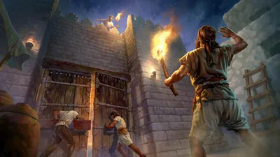 A watchman on a watchtower, instructing the gatekeepers below to close the city gates.