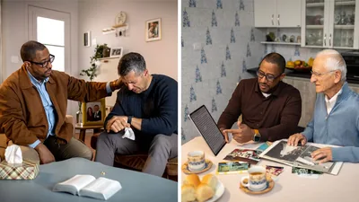 Collage: An elder visiting two widowers at their homes. 1. The elder puts his hand on the brother’s shoulder as he cries. 2. The elder shares a scripture with an older brother as they look at photo albums together.