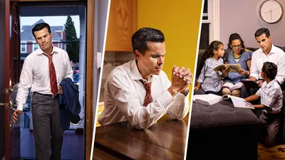Collage: 1. A father arrives home tired after a long day of work. 2. He fervently prays to Jehovah. 3. He conducts family worship with his wife and two children.