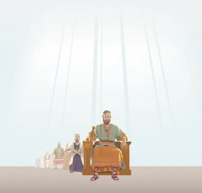 A succession of Israelite kings sitting on thrones. Rays of light shine down on them.