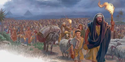 The Israelites and a vast mixed company of non-Israelites leaving Egypt.
