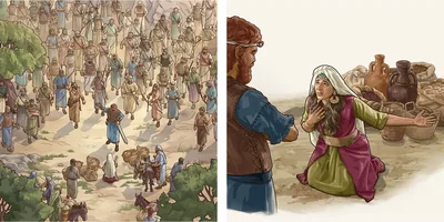 Collage: 1. David stops his armed men when they meet Abigail and her servants with food provisions. 2. Abigail humbly kneels before David as she pleads with him.