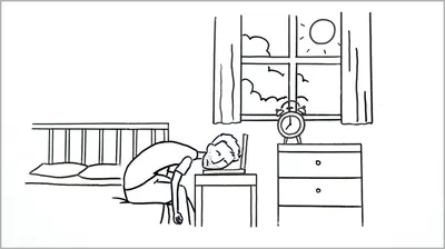 A scene from the video “Be Social-Network Smart.” A boy sleeps with his head on his laptop after staying up all night using it.
