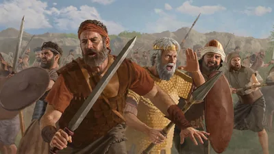 Jonathan, Saul, and Israelite soldiers fighting with their swords, spears, and shields on a battlefield.