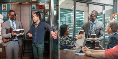 Collage: 1. An Asian man holds open a door for a black man carrying cups of coffee. 2. The same black man shares the coffee with his workmates, including the Indian woman depicted earlier.