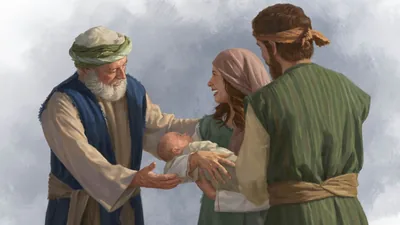 Joseph and Mary joyfully showing Simeon the infant Jesus.