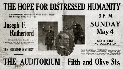 Newspaper advertisement for Brother Rutherford’s lecture “The Hope for Distressed Humanity” in Los Angeles, California, in 1919