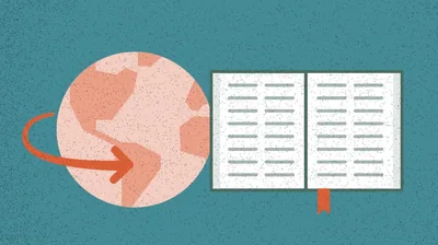 The earth with an arrow encircling it and an open Bible next to it.