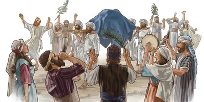 King David singing and dancing with other Israelites while the Levites carry the ark of the covenant.