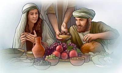 People in Bible times eat a meal together