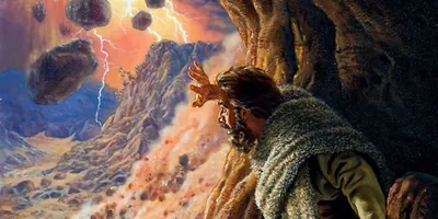 Elijah in a cave watching demonstrations of Jehovah’s power. He sees the effects of a strong wind, an earthquake, and a fire.