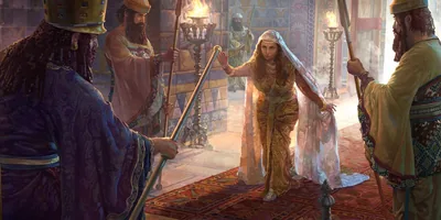 King Ahasuerus holds out his scepter to Queen Esther
