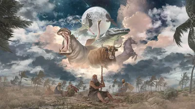 Job reflecting on some of the awe-inspiring animals Jehovah created, including the hippopotamus, the stork, the ostrich, the crocodile, the eagle, the horse, and the wild bull. A windstorm is raging, and Elihu and the three false comforters sit nearby.