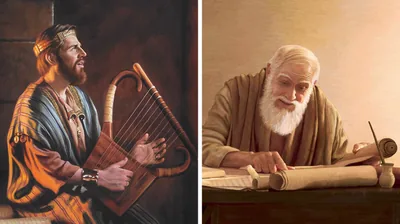 Collage: 1. King David plays the harp and sings. 2. The prophet Daniel reads a scroll.