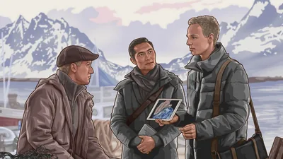 A scene from the video “Loyally Support the ‘Prince of Peace.’” Two brothers in the ministry talk with a man at a fishing harbor.