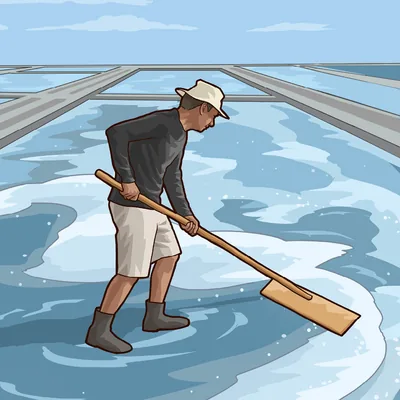 A man drying out seawater to collect salt.