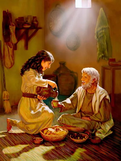 Esther serves a meal to Mordecai in his home
