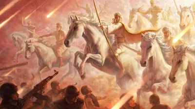 Jesus and his heavenly army on white horses, attacking armed soldiers on earth. Jesus aims his bow, and the other angels wield their swords.