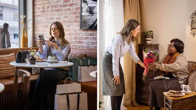 Collage: 1. A sister sits alone at a coffee shop and scrolls through her phone. Numerous shopping bags surround her. 2. She joyfully visits with an elderly sister at her home and brings her a bouquet of flowers.
