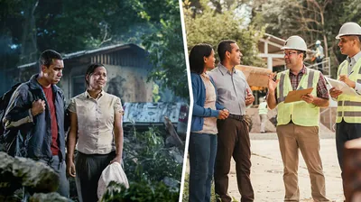 Collage: 1. An anxious couple look at all the damage caused by a major storm. 2. Later, the couple happily talk with brothers who are helping rebuild their home.