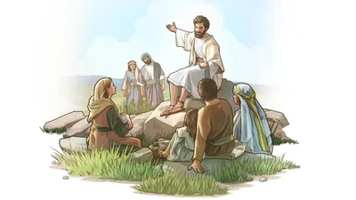 Jesus teaching a group of people outdoors.