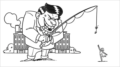 A scene from the video “Don’t Let Your Life Go Up in Smoke.” A larger-than-life businessman dangles a vaping device from a fishing rod as bait for a young woman.