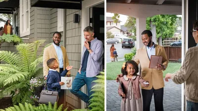 Collage: A father joyfully working with his young children in the house-to-house ministry. 1. He smiles as his son offers a man the “Enjoy Live Forever!” brochure. 2. Later, he smiles as his daughter offers a woman a jw.org contact card.
