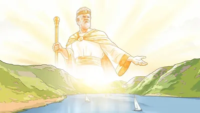 Jesus ruling as King in heaven, extending his hand over a paradise earth.