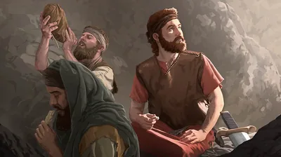 David and some of his men eating bread and drinking water while hiding in a cave.