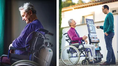 Collage: 1. A discouraged brother sits in a wheelchair and breathes with the help of an oxygen tank. 2. The brother happily talks to a man who has approached a witnessing cart.