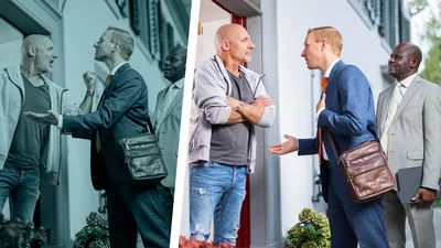 Collage: Contrasting scenes of the ministry. 1. The previous image of a brother speaking harshly to an angry householder. 2. The brother speaks kindly to the angry householder.