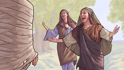 A scene from the video “Imitate Women of Strong Faith!​—Martha.” Martha and Mary joyfully welcoming back the resurrected Lazarus.