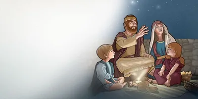 A family in Bible times looks up at the starry heavens