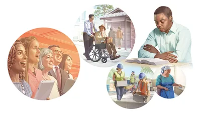 Collage: Aspects of true worship. 1. Sisters and a brother sing at a congregation meeting. 2. A brother pushes an older brother in a wheelchair as they work together in the ministry. 3. A brother prays before he reads the Bible. 4. A sister puts a donation in a contribution box. 5. Brothers and sisters work on a construction project.