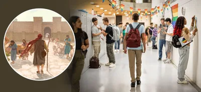 Collage: 1. The prophet Jonah walks toward the city gates of Nineveh. 2. A teenage brother walks down a school hallway as he is surrounded by things Jehovah disapproves. Rainbow flags are displayed throughout the hallway. A boy is being bullied by another boy.