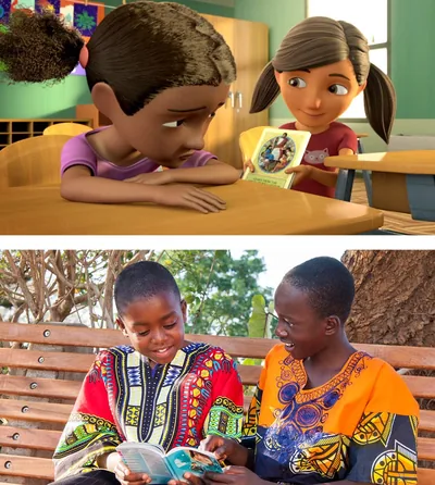 Sophia gives Zoe the Learn From the Great Teacher book; a Witness boy reads the Questions Young People Ask book to his schoolmate