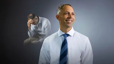 A brother agonizing over his past mistakes. Later, he looks happy and confident.