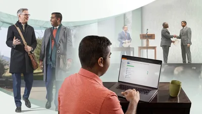 Collage: 1. An elder speaks encouragingly to a young brother while in the ministry. 2. The young brother fills out an online application to attend the School for Kingdom Evangelizers. 3. Later, the brother graduates from the School for Kingdom Evangelizers.