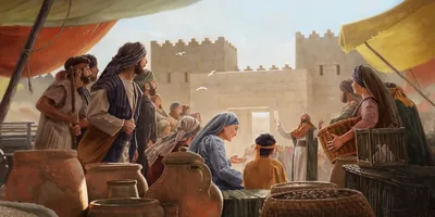 A group of Israelites near the city gate, listening to a priest speak. He is holding a scroll.