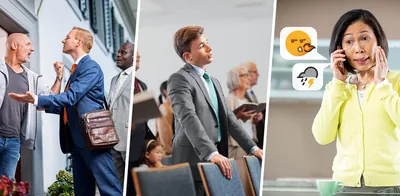 Collage: 1. A brother speaks harshly to an angry householder. 2. A young brother holds back from singing at a congregation meeting. 3. A sister talks on the phone. Emojis of a smiley face with flames coming out of its mouth and of a thunderstorm symbolize a harmful or negative conversation.