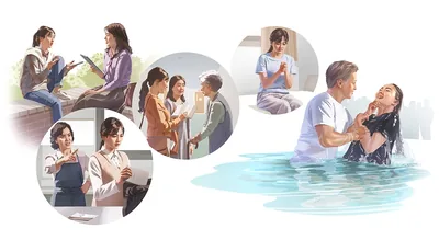 Collage: A young woman overcoming obstacles to baptism. Scenes are repeated in this lesson.