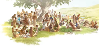 Jesus miraculously feeding thousands by multiplying five loaves and two small fish. The disciples distribute the food to men, women, and children.