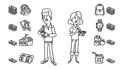 A scene from the video “How to Manage Your Money.” The teenage boy and the teenage girl each make a list of the things they need and want, and they write down how much each item costs. The boy’s list consists of headphones, shoes, food, and train tickets. The girl’s list consists of a purse, a watch, food, and fuel.