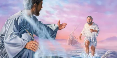Peter meets Jesus on the shore, while the other apostles follow in a boat