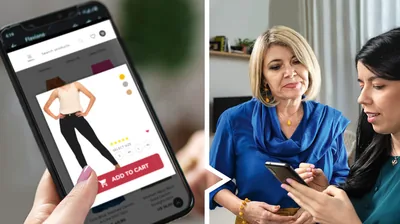 Collage: 1. A younger sister shopping online. She is looking at a revealing blouse and a pair of tight-fitting slacks. 2. The younger sister shows a mature sister the items that she would like to purchase.