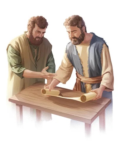 Two first-century Christians searching for Bible truth by examining a scroll.
