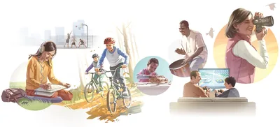 Collage: People of various ages enjoying wholesome entertainment and recreation. 1. A girl listens to music and draws. 2. Three young men play basketball. 3. Two boys ride bicycles. 4. A boy builds a toy car. 5. A man plays a drum. 6. A boy plays a video game with his father. 7. A woman takes a photograph.